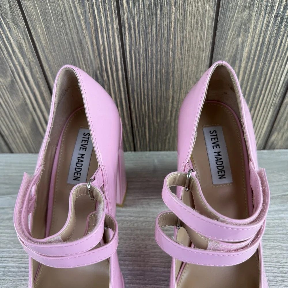 Steve Madden Womens 7.5 Pink Patent Mary Jane Platform Block Heel Pumps